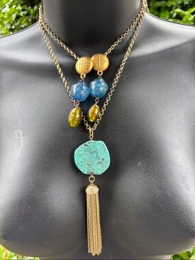 Bundle Layered Turquoise & Gold Pendant Necklace with Beautiful Beaded Earrings